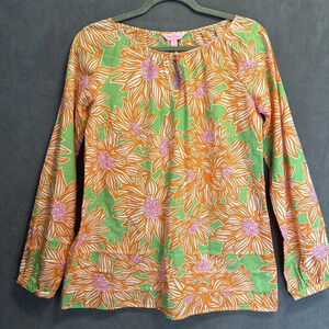 Lilly Pulitzer Jemma Tunic Top Womens Size Small Orange Green Floral Long Sleeve
